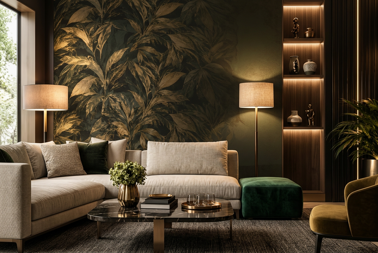Sala sofisticada com papel de parede botânico dourado, sofá claro e iluminação acolhedora
